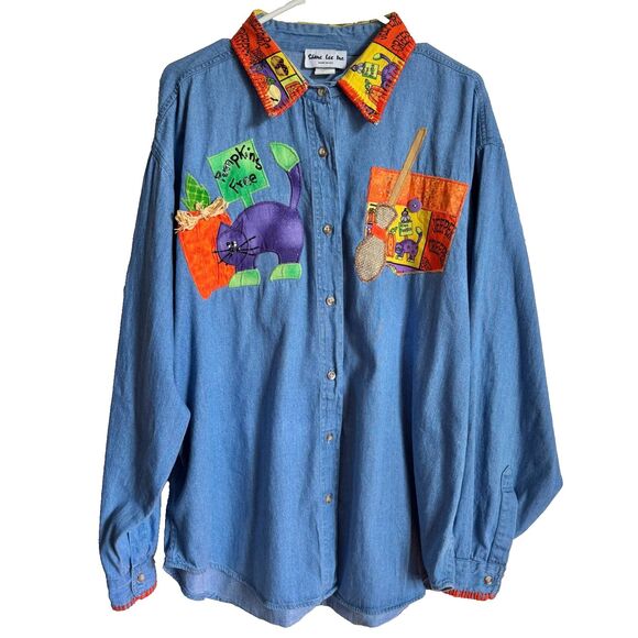 Vtg Shane Lee blue denim Halloween applique button up shirt Womens 2XL (fits XL) - Picture 2 of 8